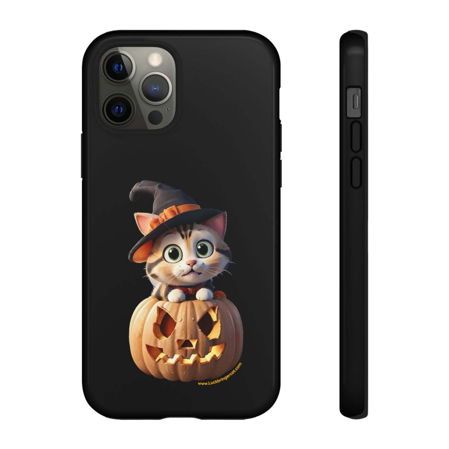 Premium-quality tough protective phone cases for iPhone and Samsung - Halloween Pumpkin Cat - Black