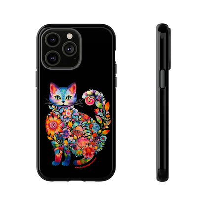 Floral Cat Lovers Phone case- iPhone, Samsung Galaxy, Google Pixel- Black-Tough-Premium Quality