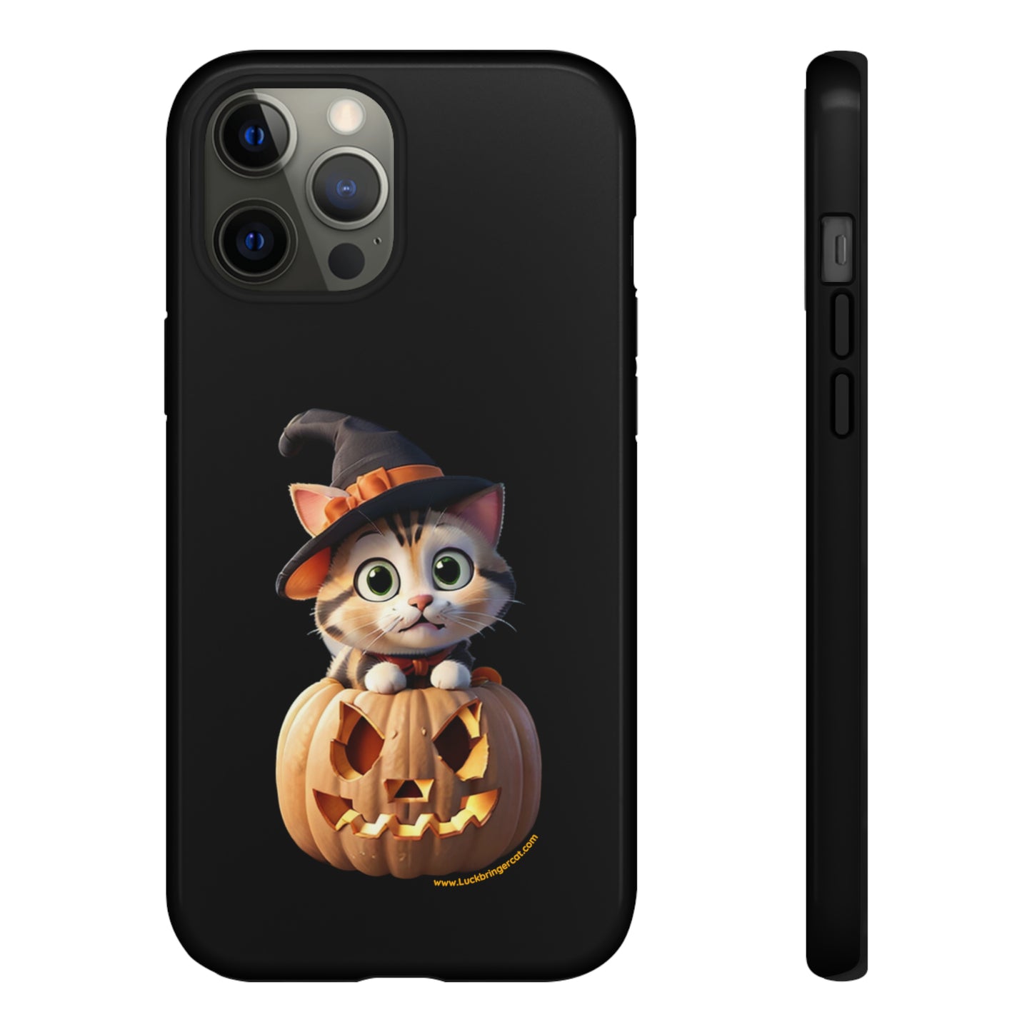 Premium-quality tough protective phone cases for iPhone and Samsung - Halloween Pumpkin Cat - Black