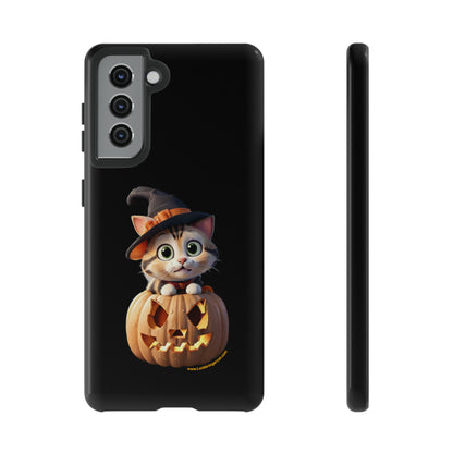 Premium-quality tough protective phone cases for iPhone and Samsung - Halloween Pumpkin Cat - Black