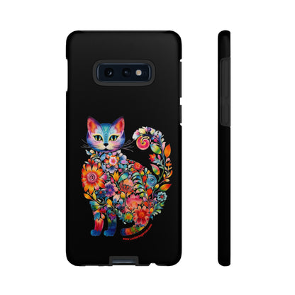 Floral Cat Lovers Phone case- iPhone, Samsung Galaxy, Google Pixel- Black-Tough-Premium Quality