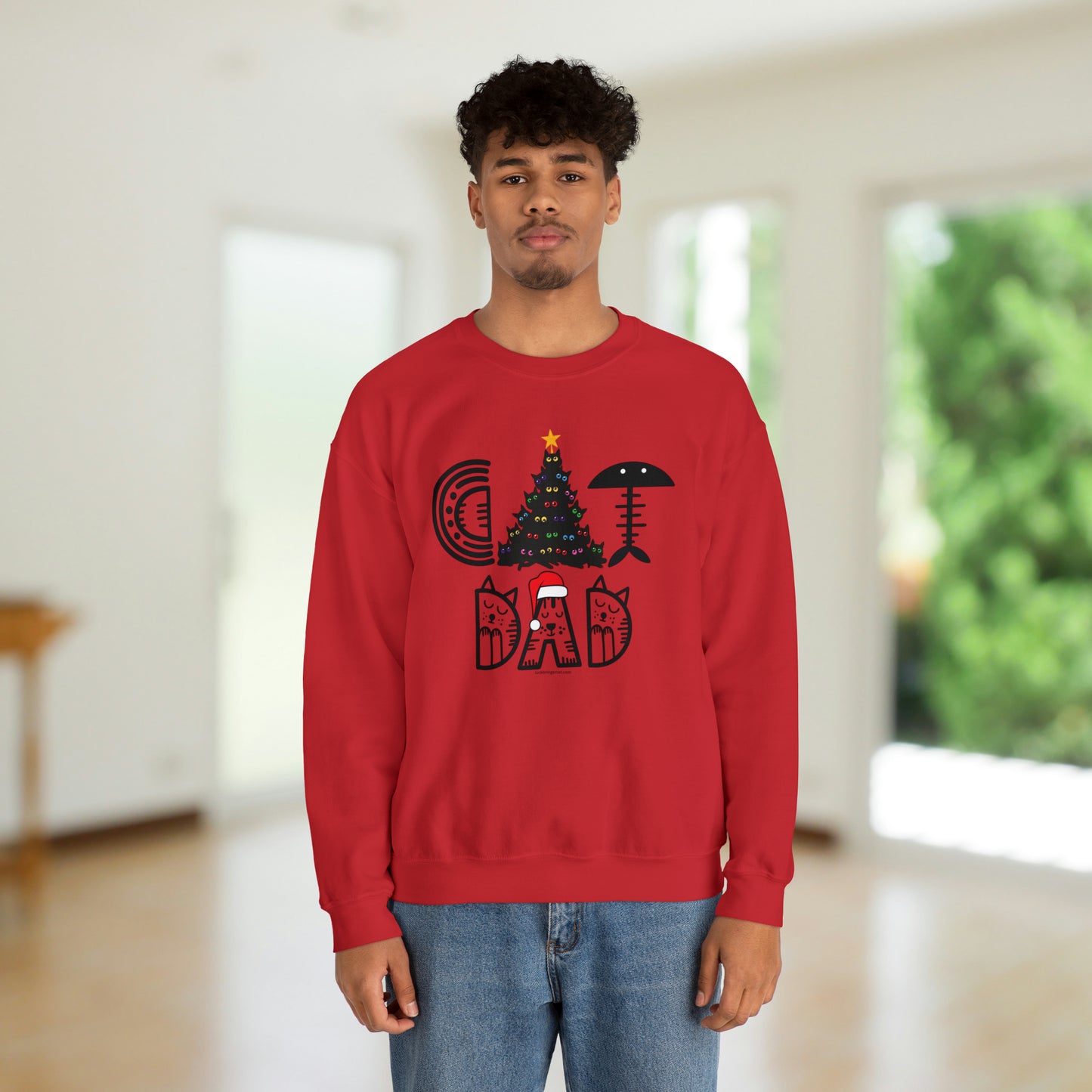 „Cat Dad Christmas“-Sweatshirt mit Rundhalsausschnitt und schwarzem Katzen-Weihnachtsbaum