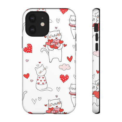 Premium-quality tough protective phone cases for iPhone, Samsung and Google - White With Cute Cartoon Cats and Red Hearts