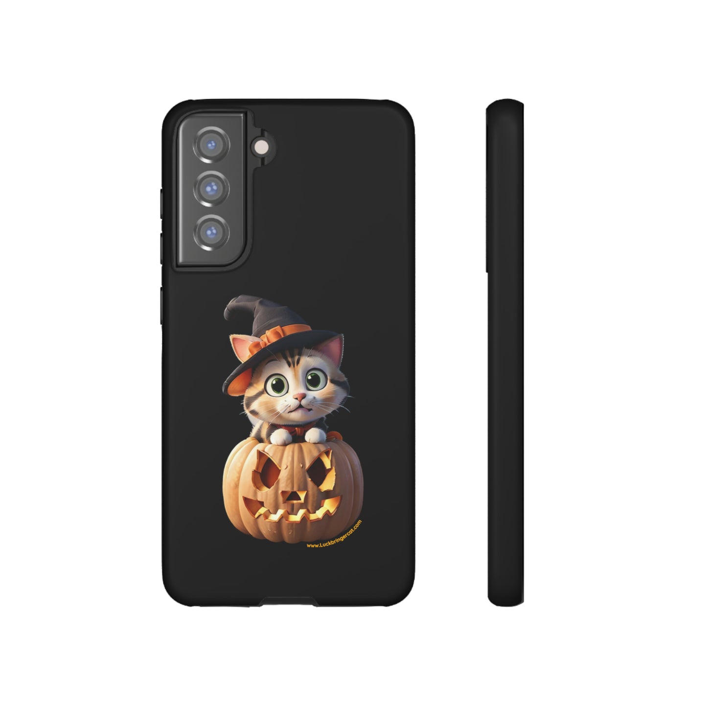 Premium-quality tough protective phone cases for iPhone and Samsung - Halloween Pumpkin Cat - Black