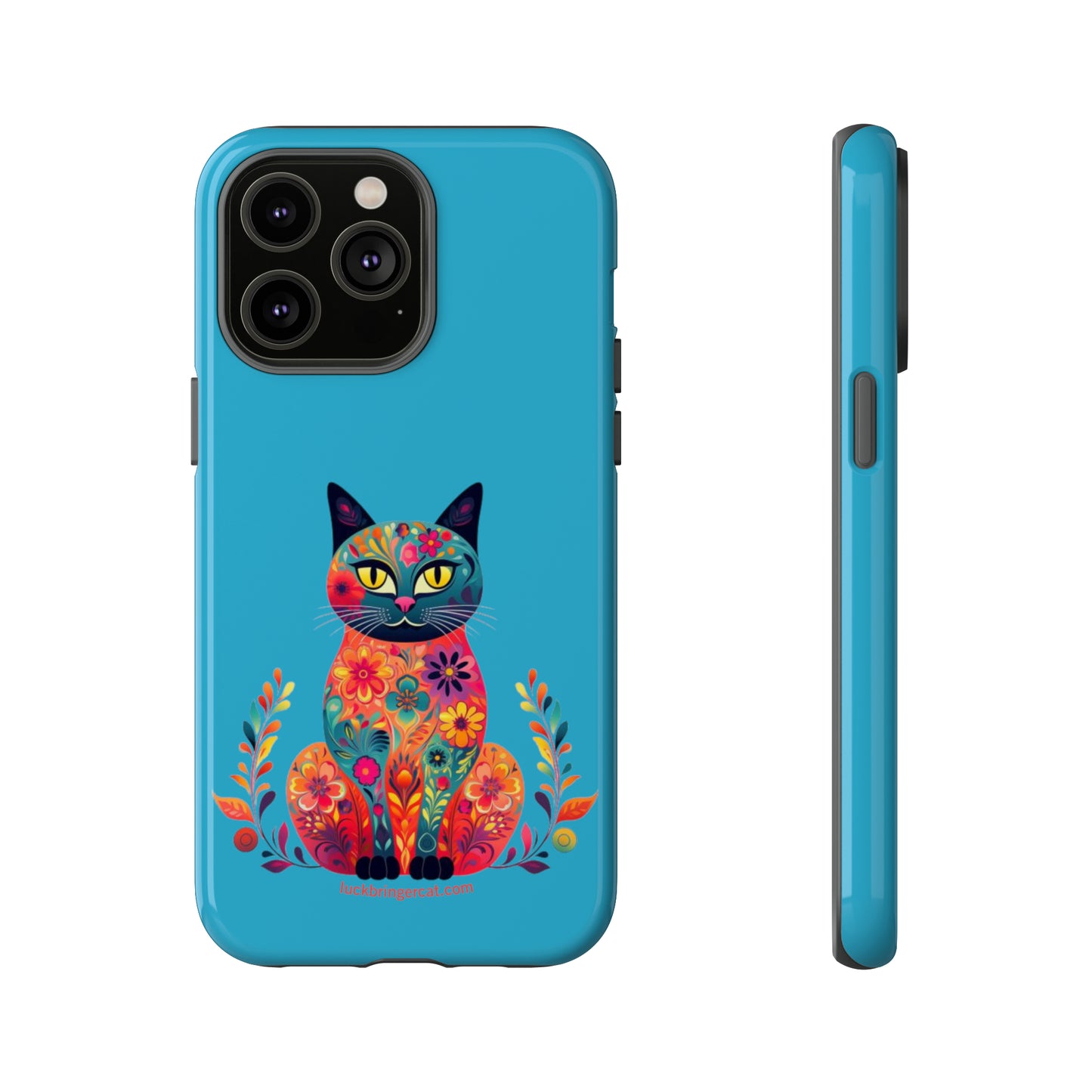 Phone Case for Cat Lovers- iPhone, Samsung Galaxy, Google Pixel- Colorful Floral Cat-Turquoise-Graphic