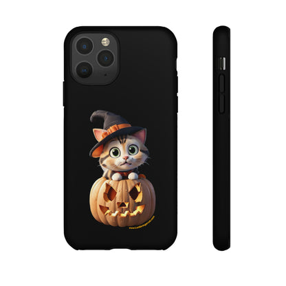 Premium-quality tough protective phone cases for iPhone and Samsung - Halloween Pumpkin Cat - Black