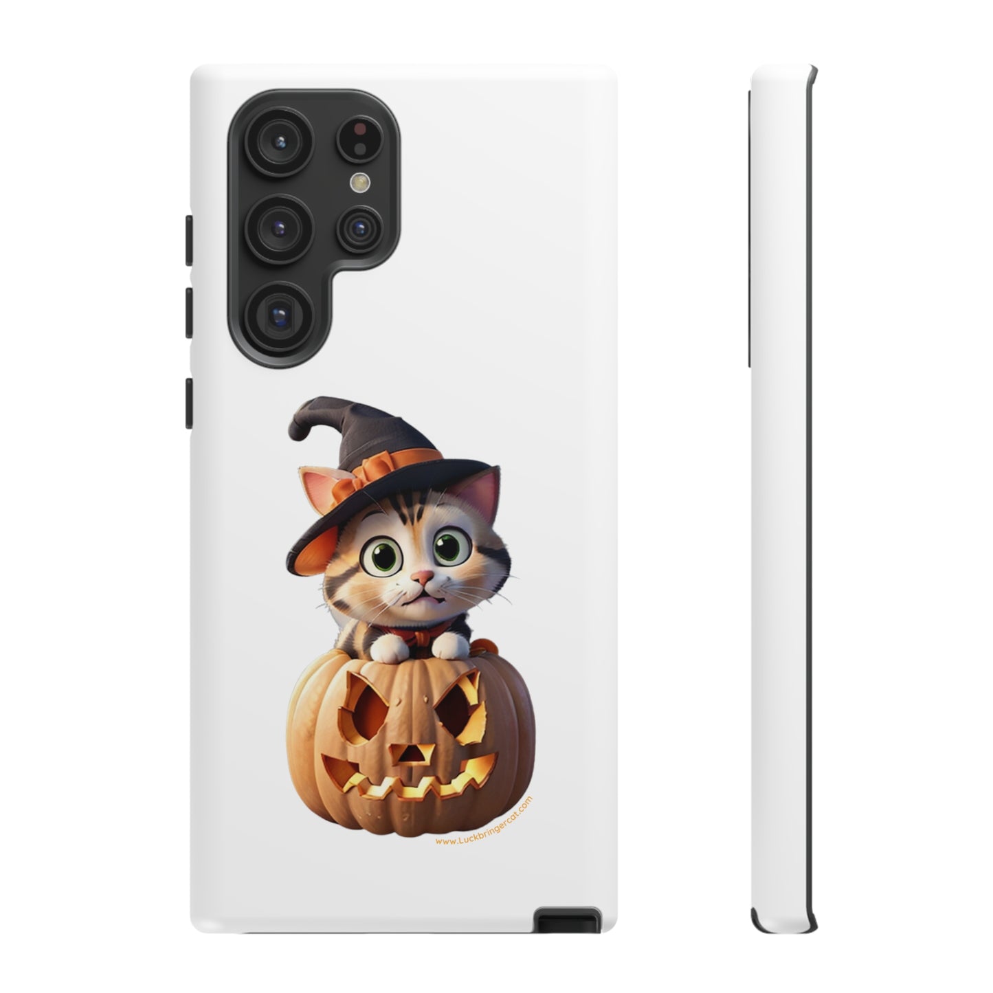 Premium-quality tough protective phone cases for iPhone and Samsung - Halloween Cat - White