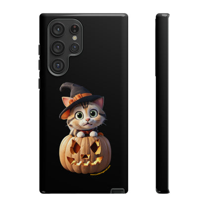 Premium-quality tough protective phone cases for iPhone and Samsung - Halloween Pumpkin Cat - Black