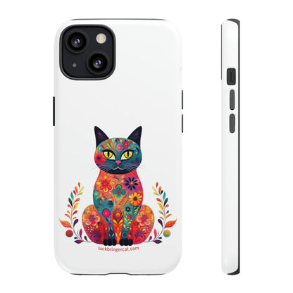 Phone Case for Cat Lovers- iPhone, Samsung Galaxy, Google Pixel- Colorful Floral Cat-White-Graphic