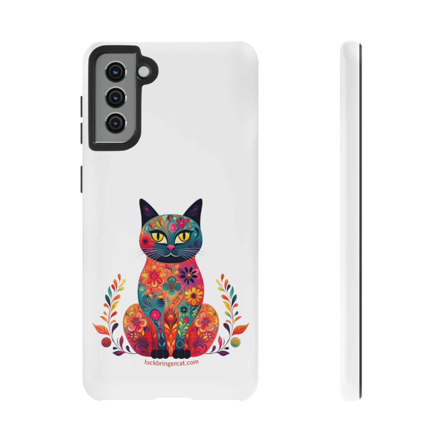 Phone Case for Cat Lovers- iPhone, Samsung Galaxy, Google Pixel- Colorful Floral Cat-White-Graphic