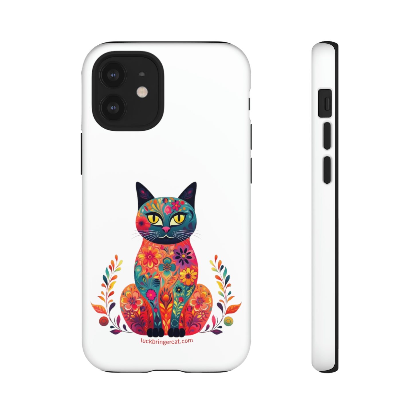 Phone Case for Cat Lovers- iPhone, Samsung Galaxy, Google Pixel- Colorful Floral Cat-White-Graphic