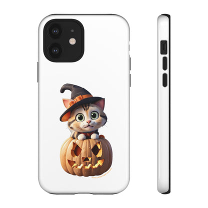 Premium-quality tough protective phone cases for iPhone and Samsung - Halloween Cat - White