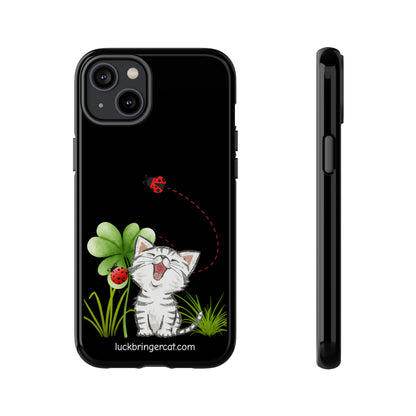 Cute Happy Cat Phone Case- iPhone, Samsung Galaxy, Google Pixel- Black- Lucky Clover Ladybug