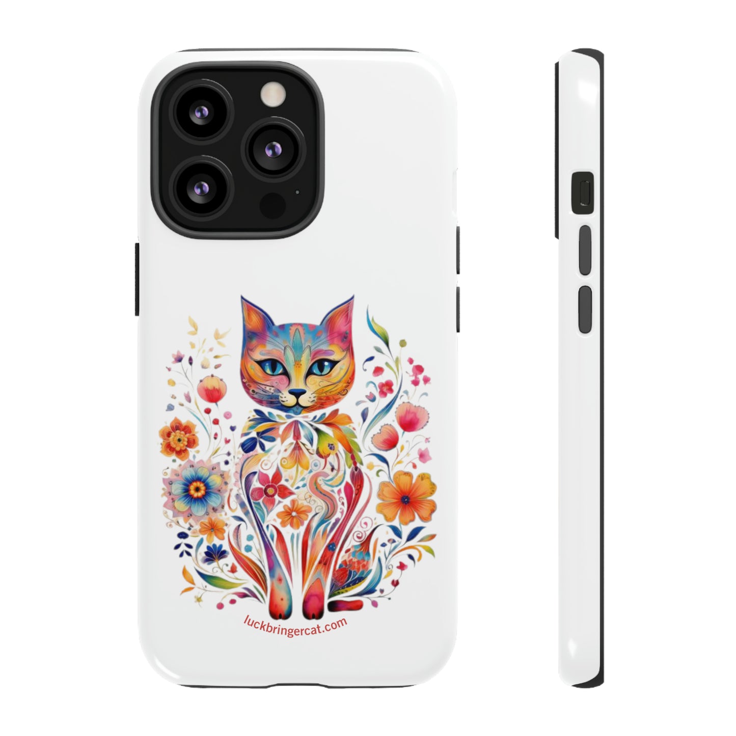 Phone Case for Cat and Flower Lovers- iPhone, Samsung Galaxy, Google Pixel- Colorful Floral Cat-White