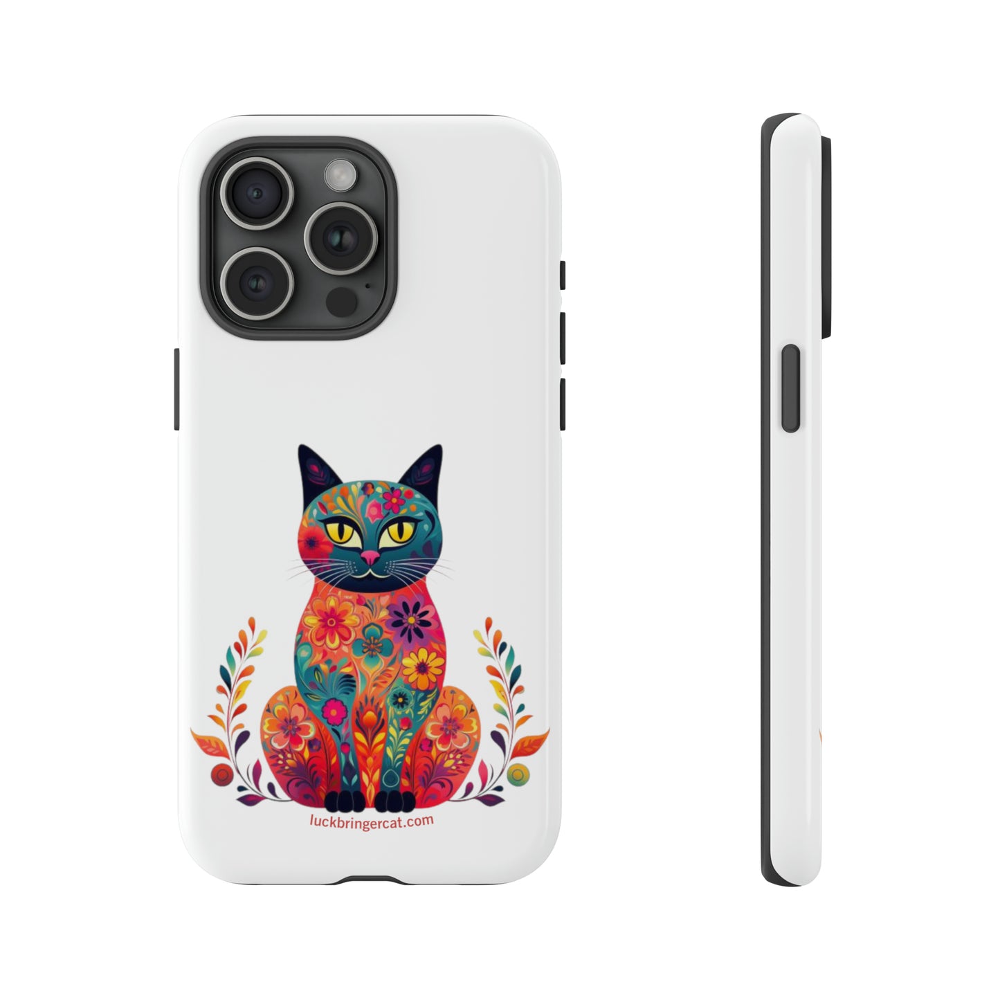 Phone Case for Cat Lovers- iPhone, Samsung Galaxy, Google Pixel- Colorful Floral Cat-White-Graphic