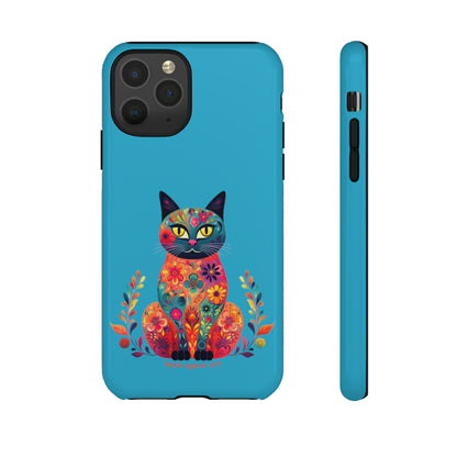 Phone Case for Cat Lovers- iPhone, Samsung Galaxy, Google Pixel- Colorful Floral Cat-Turquoise-Graphic