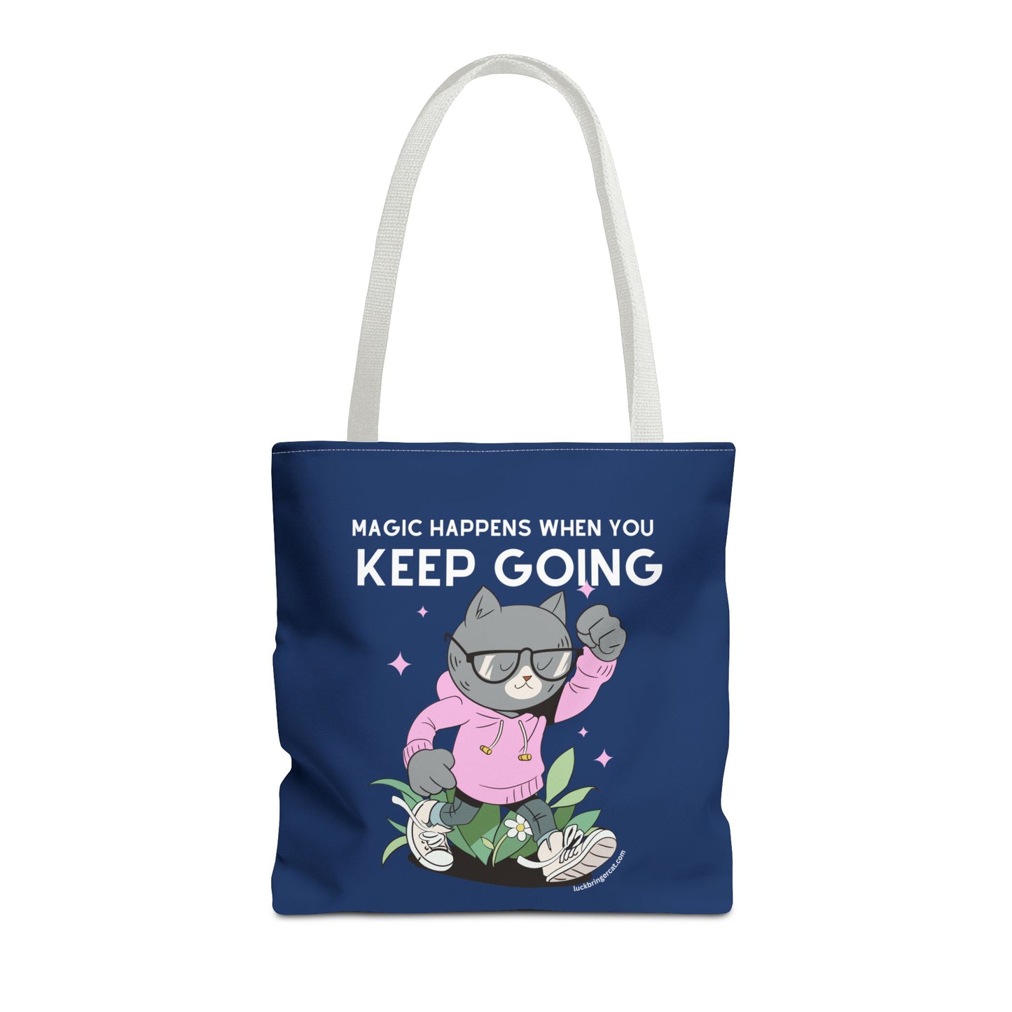 Motivational Tote Bag - Magic Happens When You Keep Going - Inspirational Gift for Dreamers and Go-Getters - Perfect gift for cat lovers, cat moms or kitten lovers and students 