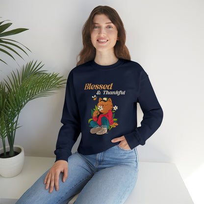 Graphic Thanksgiving Sweatshirt - Blessed and Thankful Cat