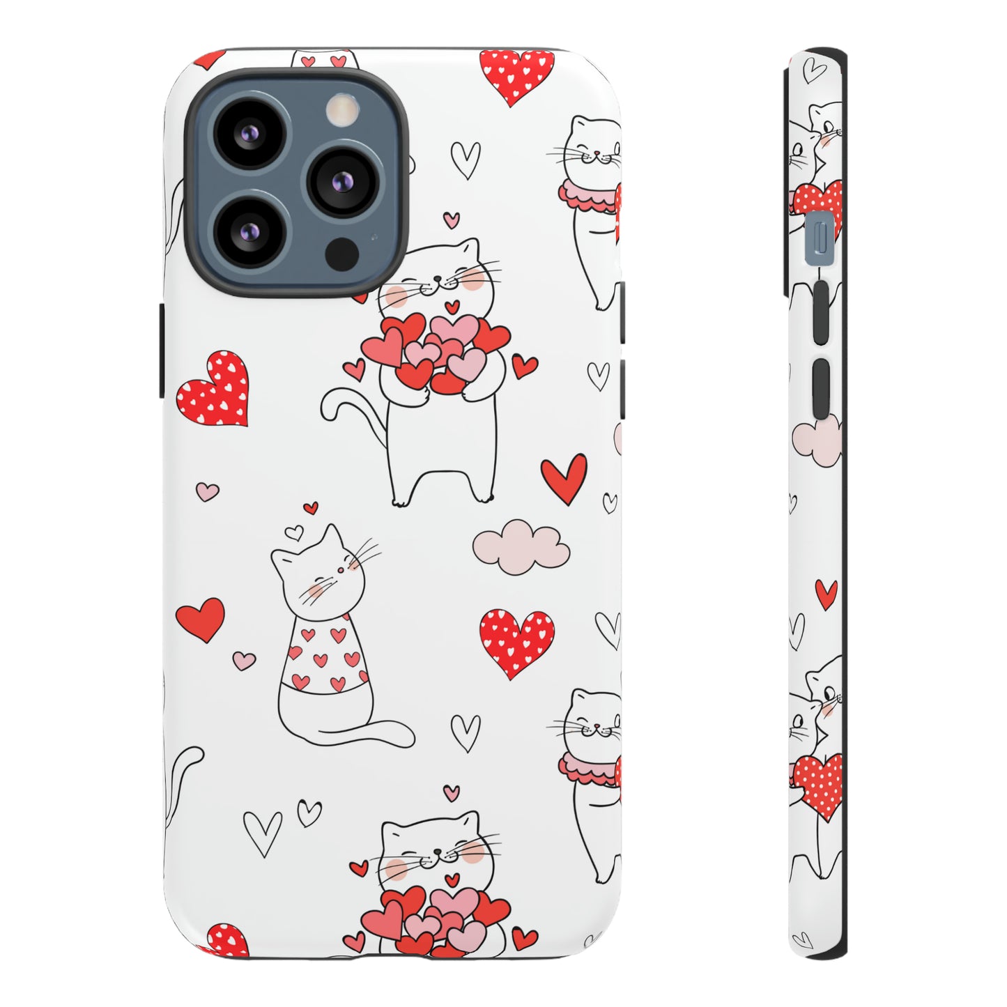 Premium-quality tough protective phone cases for iPhone, Samsung and Google - White With Cute Cartoon Cats and Red Hearts