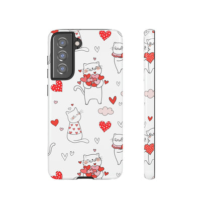 Premium-quality tough protective phone cases for iPhone, Samsung and Google - White With Cute Cartoon Cats and Red Hearts