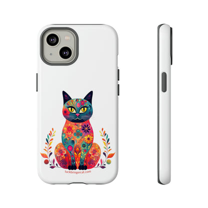 Phone Case for Cat Lovers- iPhone, Samsung Galaxy, Google Pixel- Colorful Floral Cat-White-Graphic