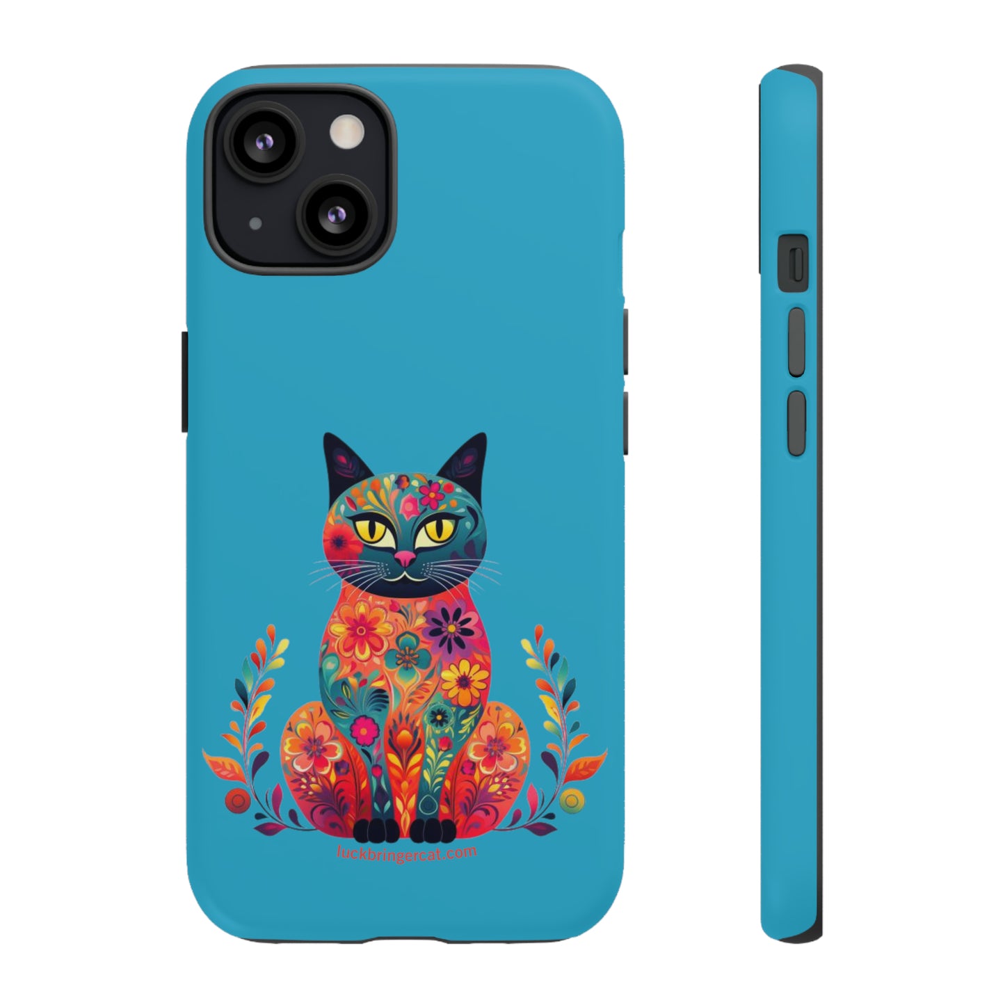 Phone Case for Cat Lovers- iPhone, Samsung Galaxy, Google Pixel- Colorful Floral Cat-Turquoise-Graphic