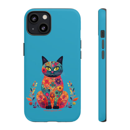 Phone Case for Cat Lovers- iPhone, Samsung Galaxy, Google Pixel- Colorful Floral Cat-Turquoise-Graphic