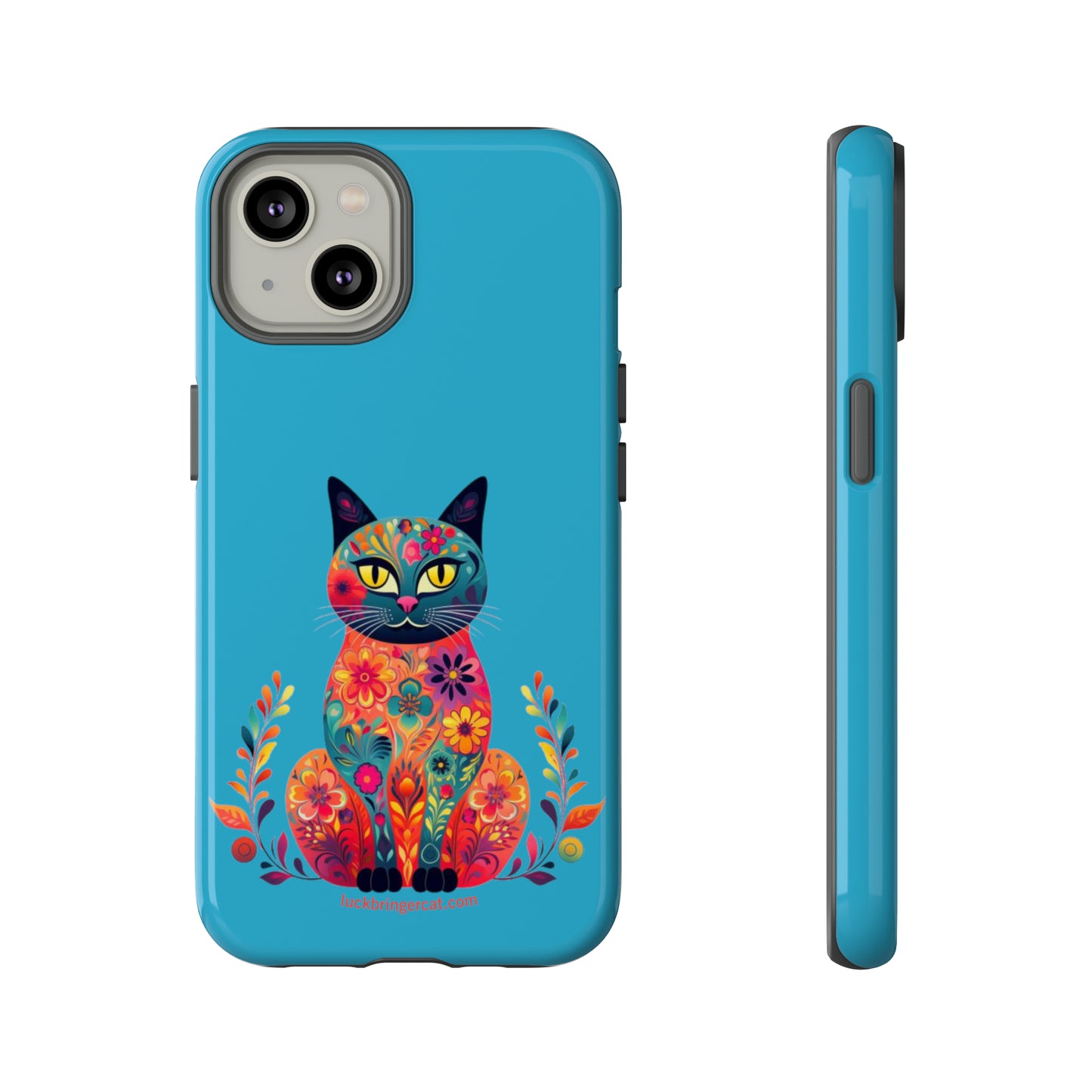 Phone Case for Cat Lovers- iPhone, Samsung Galaxy, Google Pixel- Colorful Floral Cat-Turquoise-Graphic