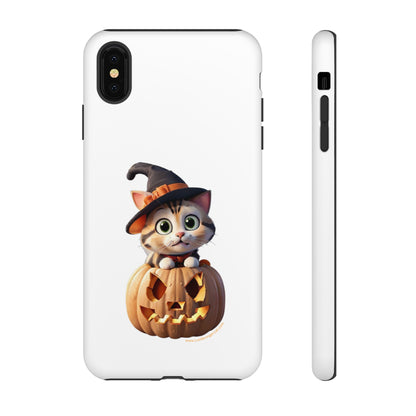 Premium-quality tough protective phone cases for iPhone and Samsung - Halloween Cat - White