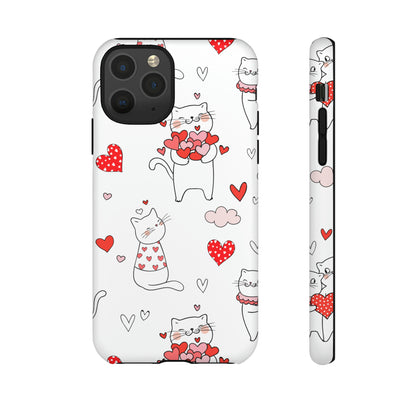 Premium-quality tough protective phone cases for iPhone, Samsung and Google - White With Cute Cartoon Cats and Red Hearts