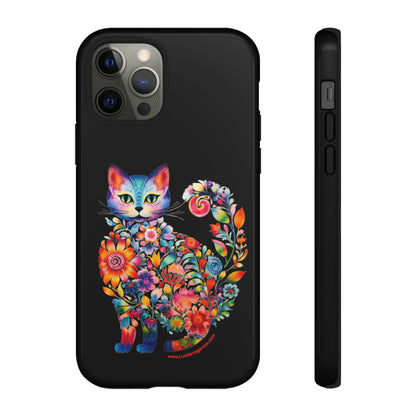 Floral Cat Lovers Phone case- iPhone, Samsung Galaxy, Google Pixel- Black-Tough-Premium Quality