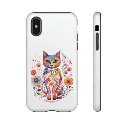 Phone Case for Cat and Flower Lovers- iPhone, Samsung Galaxy, Google Pixel- Colorful Floral Cat-White