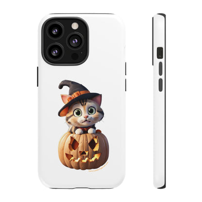 Premium-quality tough protective phone cases for iPhone and Samsung - Halloween Cat - White