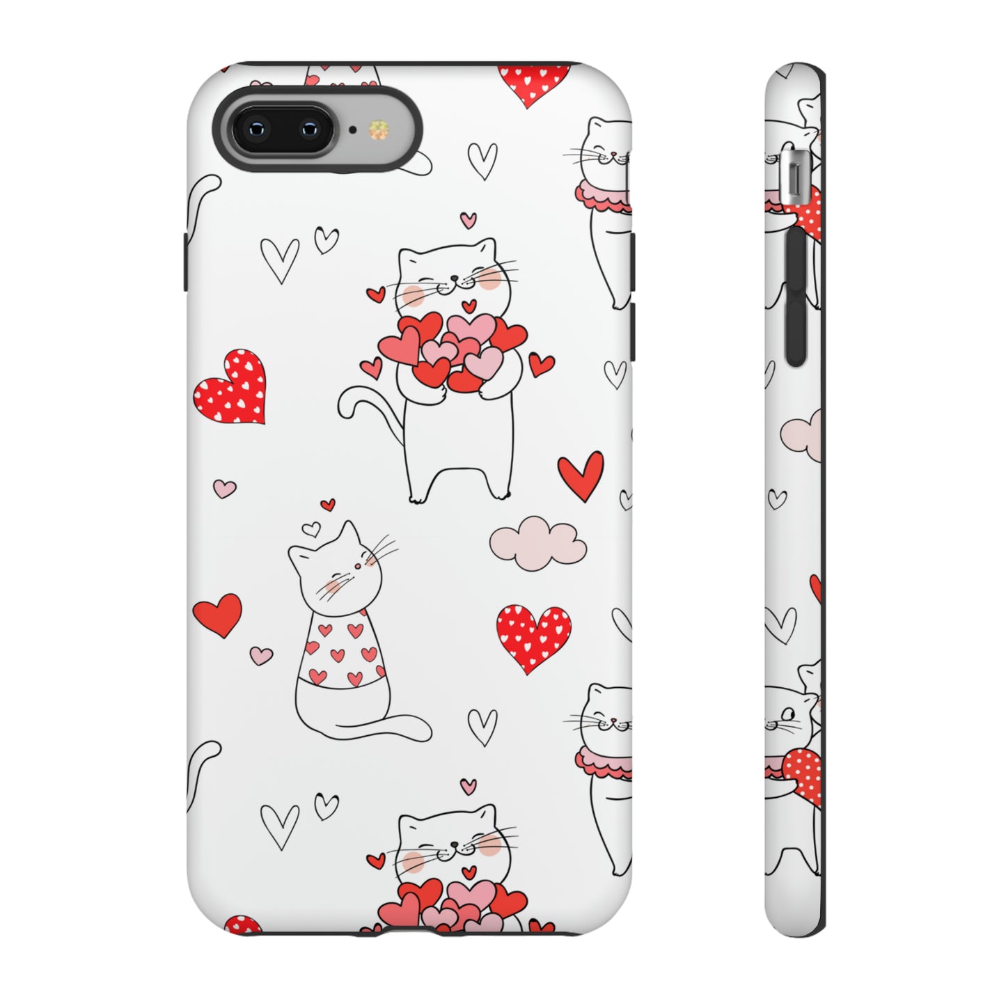 Premium-quality tough protective phone cases for iPhone, Samsung and Google - White With Cute Cartoon Cats and Red Hearts