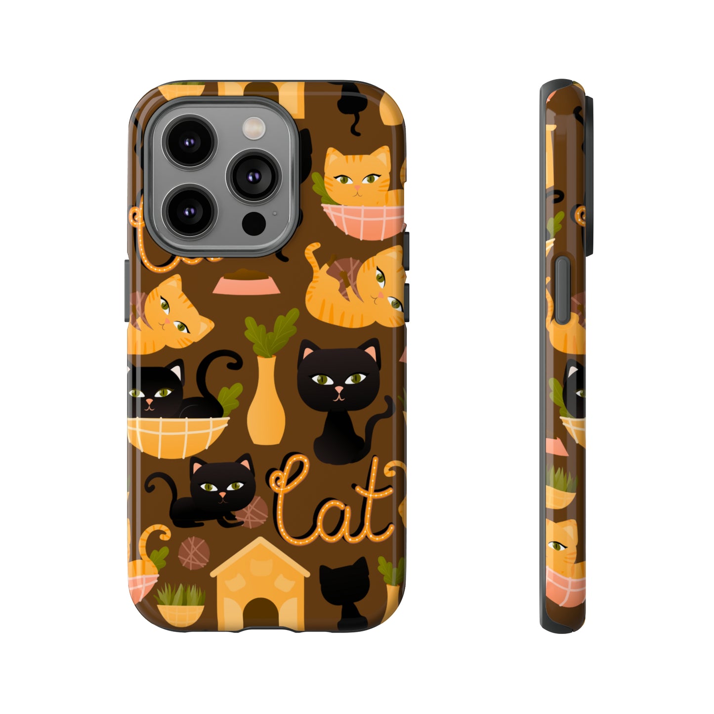 Premium-quality tough protective phone cases for iPhone, Samsung and Google - Brown With Cute Black and Orange Cats