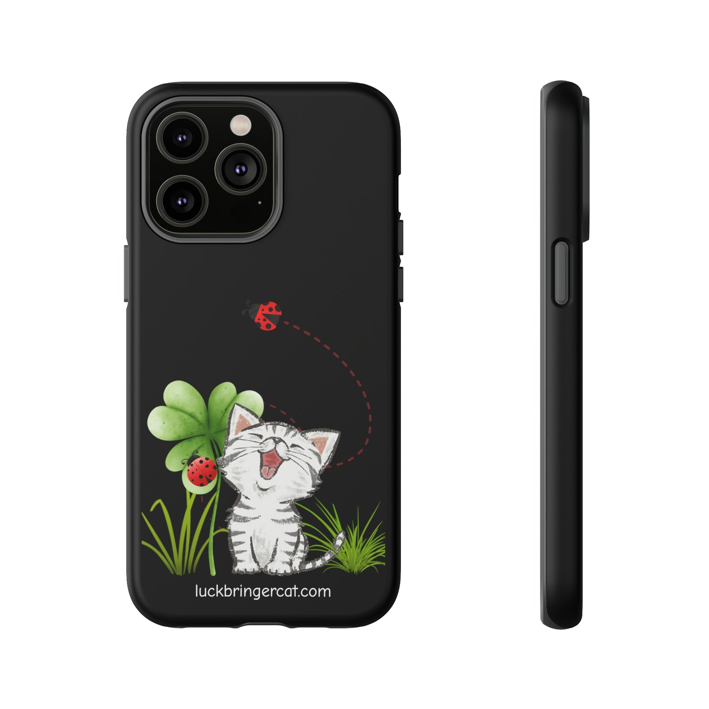 Cute Happy Cat Phone Case- iPhone, Samsung Galaxy, Google Pixel- Black- Lucky Clover Ladybug