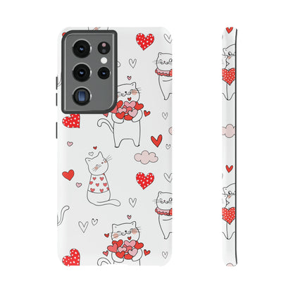 Premium-quality tough protective phone cases for iPhone, Samsung and Google - White With Cute Cartoon Cats and Red Hearts