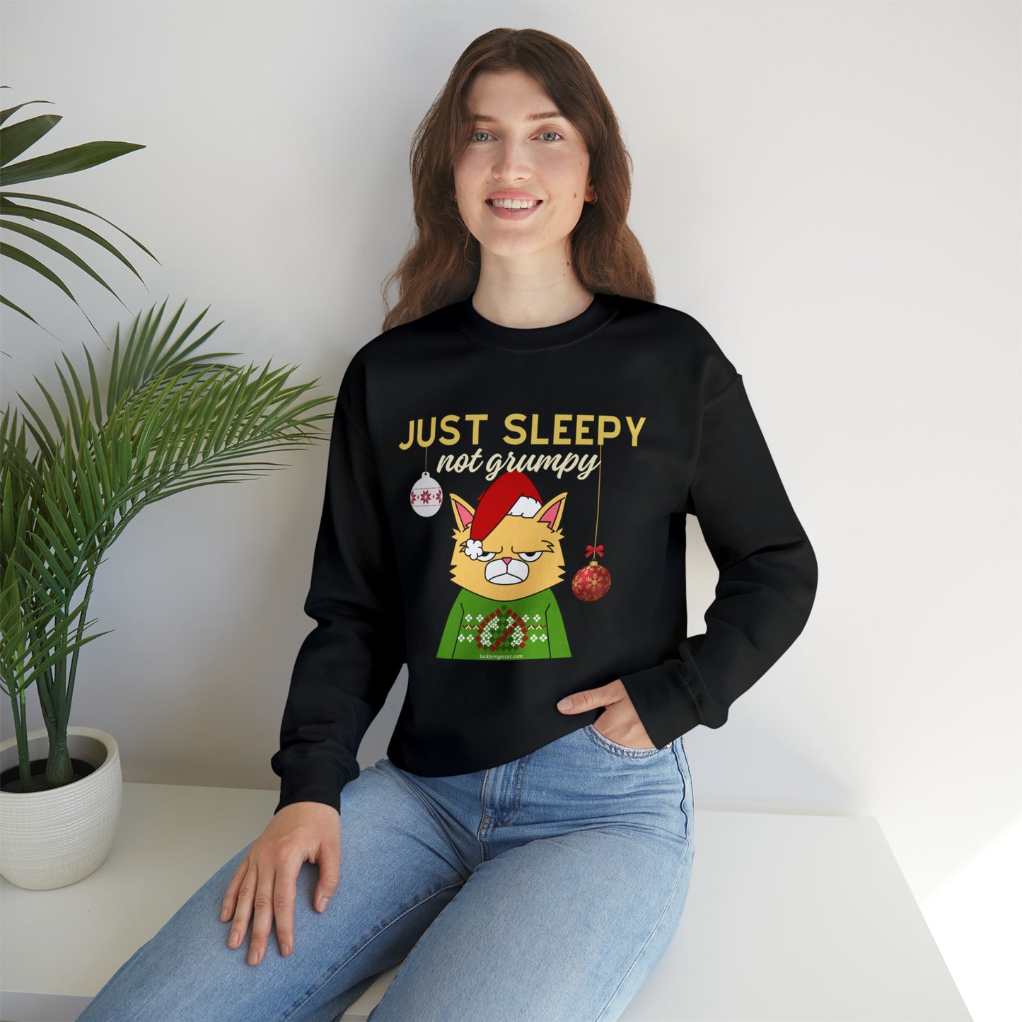 Christmas Crewneck Sweatshirt for Cat Lovers With Sleepy Not Grumpy Santa Cat