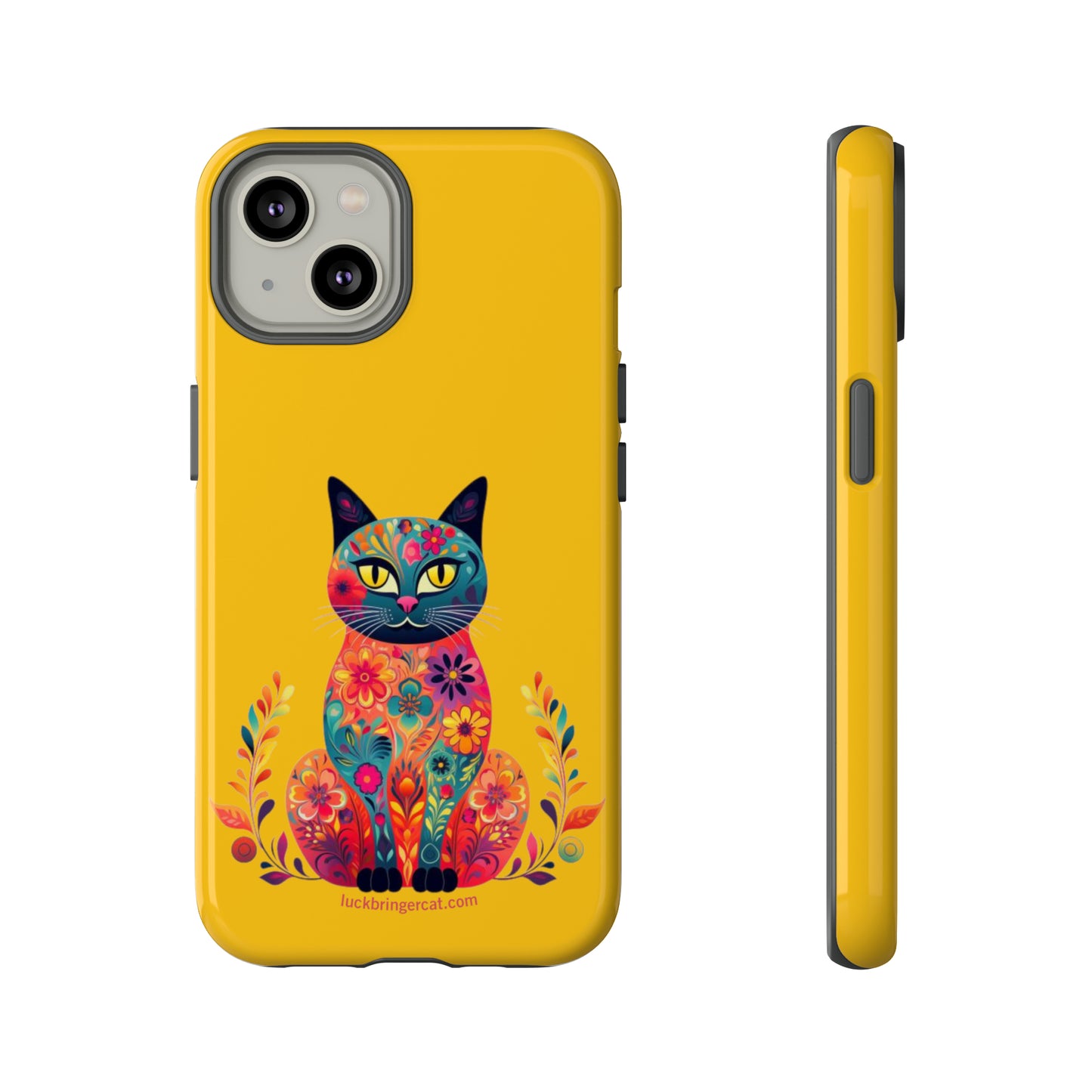 Phone Case for Cat Lovers- iPhone, Samsung Galaxy, Google Pixel- Colorful Floral Cat-Yellow-Graphic