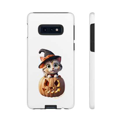 Premium-quality tough protective phone cases for iPhone and Samsung - Halloween Cat - White