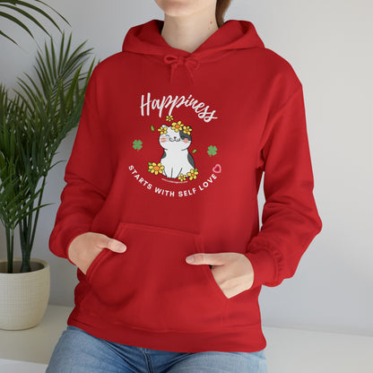 Cat Lovers Selflove Hooded Sweatshirt with Happy Cute Cat- Lucky Clover- Ideal gift for cat lover girls, cat moms (mums)- Happiness starts with self love hoodie-red