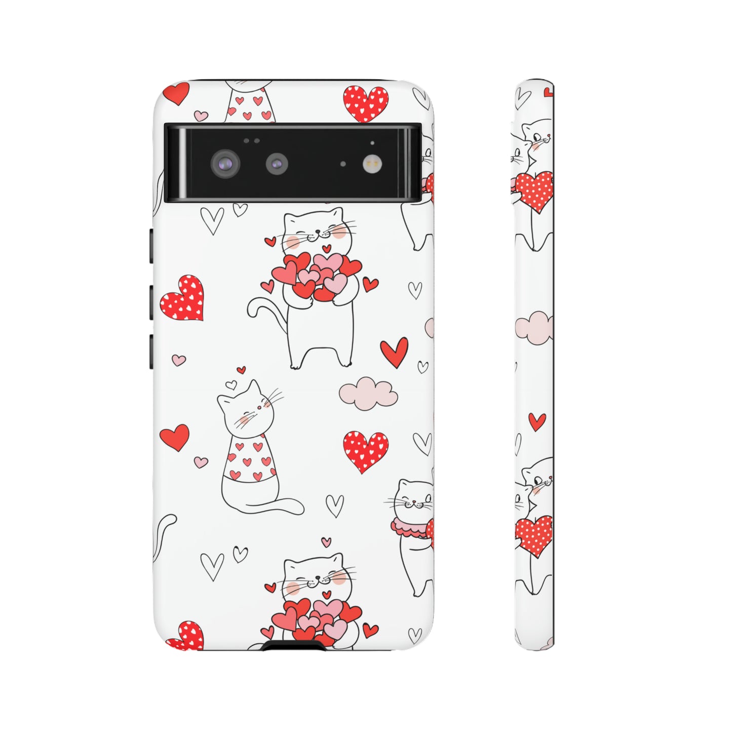 Premium-quality tough protective phone cases for iPhone, Samsung and Google - White With Cute Cartoon Cats and Red Hearts