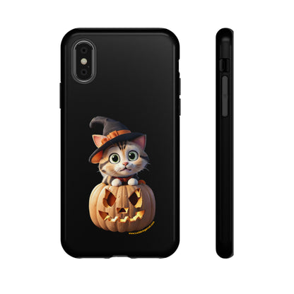 Premium-quality tough protective phone cases for iPhone and Samsung - Halloween Pumpkin Cat - Black