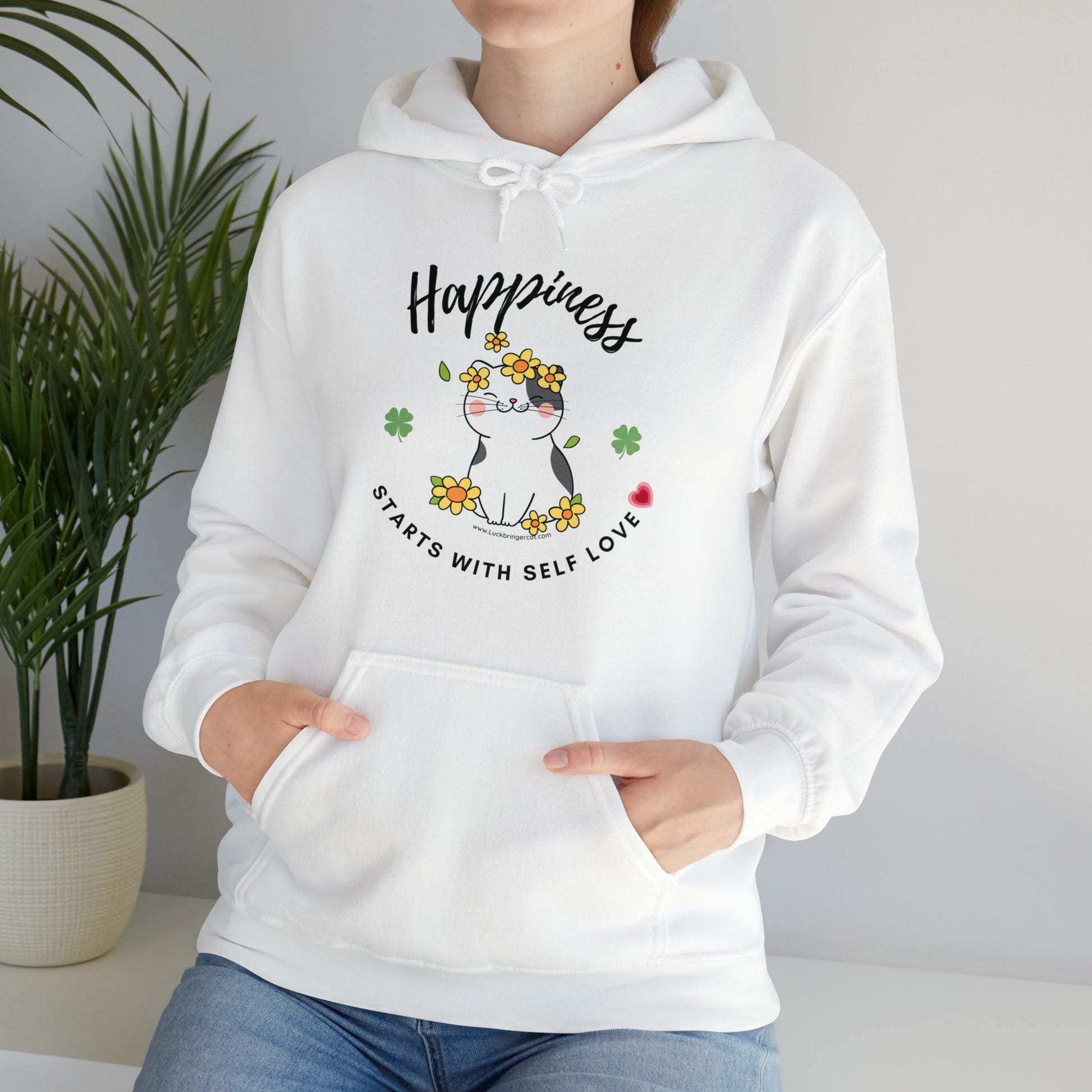 Cat Lovers Selflove Hooded Sweatshirt with Happy Cute Cat- Lucky Clover- Ideal gift for cat lover girls, cat moms (mums)- Happiness starts with self love hoodie-white