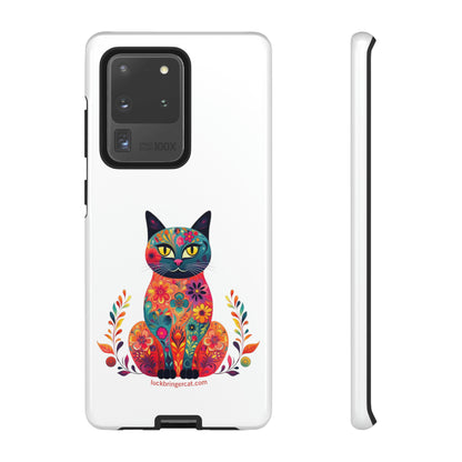 Phone Case for Cat Lovers- iPhone, Samsung Galaxy, Google Pixel- Colorful Floral Cat-White-Graphic