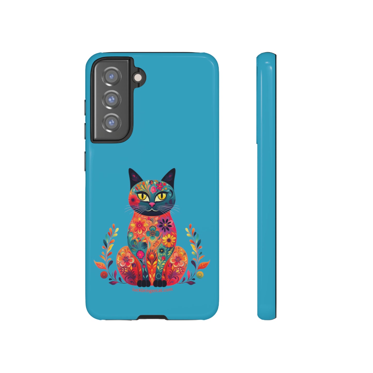 Phone Case for Cat Lovers- iPhone, Samsung Galaxy, Google Pixel- Colorful Floral Cat-Turquoise-Graphic