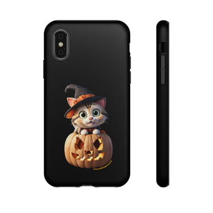 Premium-quality tough protective phone cases for iPhone and Samsung - Halloween Pumpkin Cat - Black