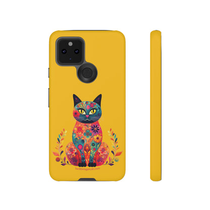 Phone Case for Cat Lovers- iPhone, Samsung Galaxy, Google Pixel- Colorful Floral Cat-Yellow-Graphic