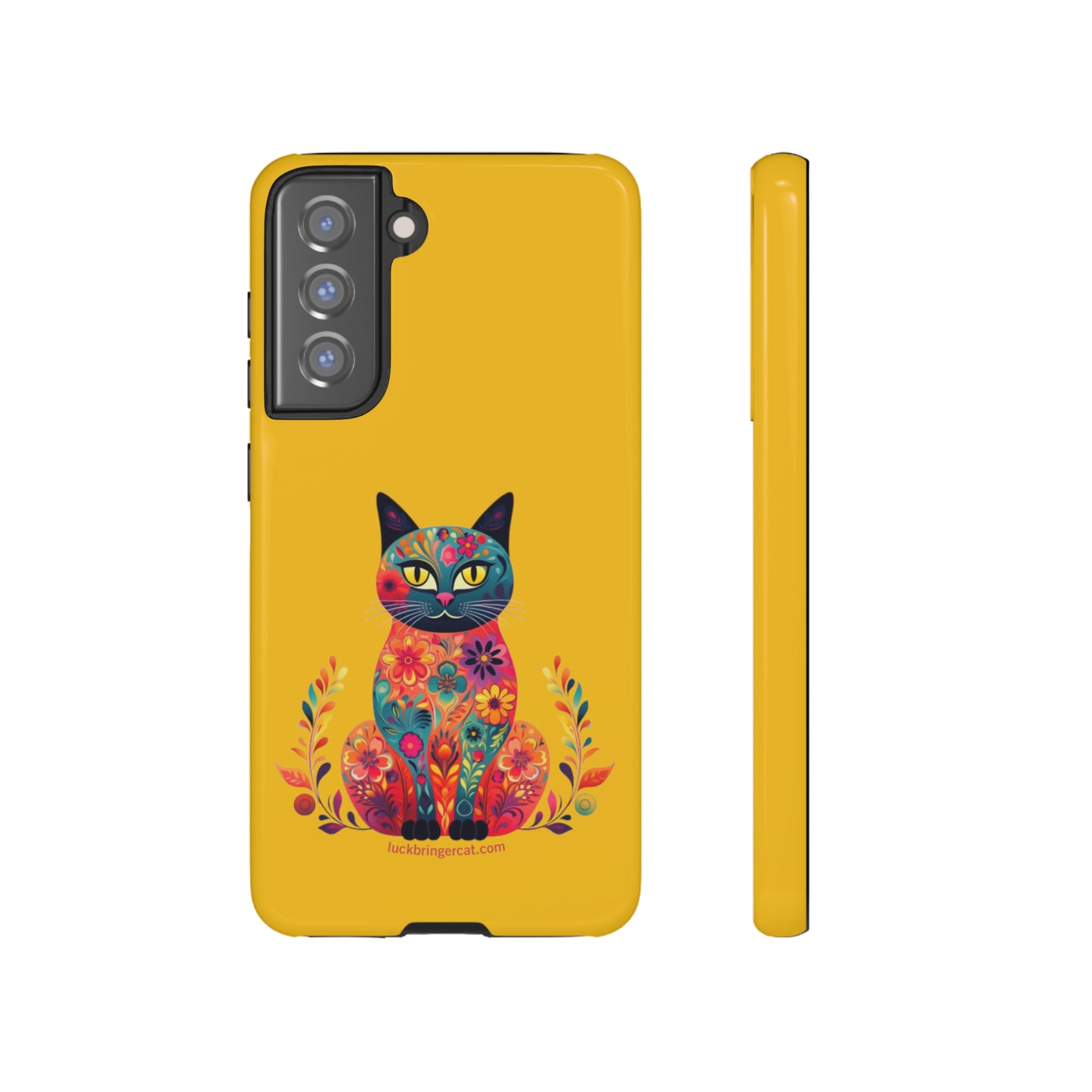 Phone Case for Cat Lovers- iPhone, Samsung Galaxy, Google Pixel- Colorful Floral Cat-Yellow-Graphic