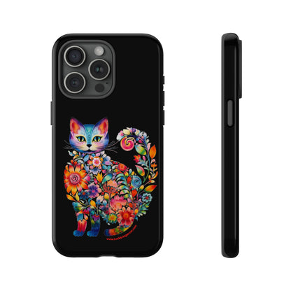 Floral Cat Lovers Phone case- iPhone, Samsung Galaxy, Google Pixel- Black-Tough-Premium Quality